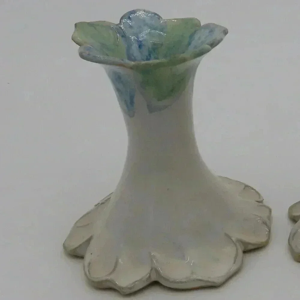 Studio Pottery Candlesticks Cream Blue MCM